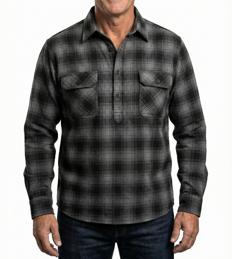 Mens Long Sleeve Flannel Pullover Shirt - Black/Grey (100% Cotton Half Button Flannelette)