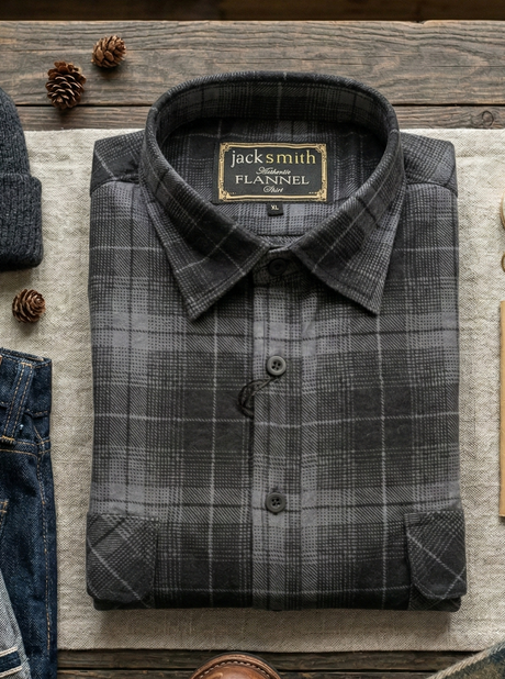 Mens Long Sleeve Flannel Pullover Shirt - Charcoal (100% Cotton Half Button Flannelette)