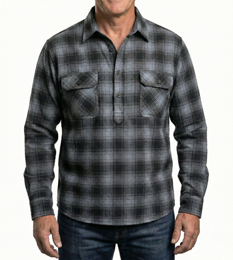 Mens Long Sleeve Flannel Pullover Shirt - Charcoal (100% Cotton Half Button Flannelette)
