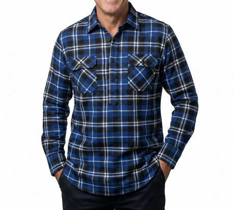Mens Long Sleeve Flannel Pullover Shirt - Royal Blue/Navy (100% Cotton Half Button Flannelette)