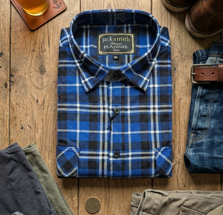 Mens Long Sleeve Flannel Pullover Shirt - Royal Blue/Navy (100% Cotton Half Button Flannelette)