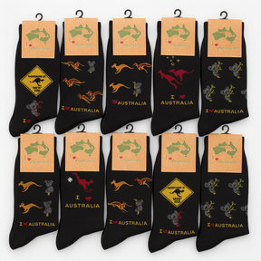 12 Pairs Australian Souvenir Cotton Socks Kangaroo/Koala/Flag (Size 6-11) in Assorted Patterns