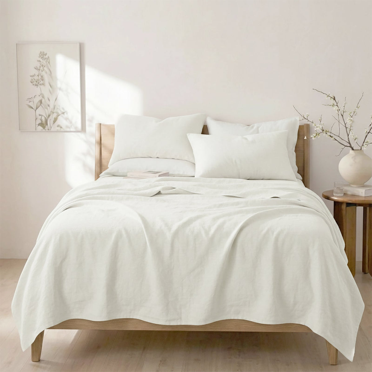 Renee Taylor Washed Linen Cotton Bed Sheet Set - White