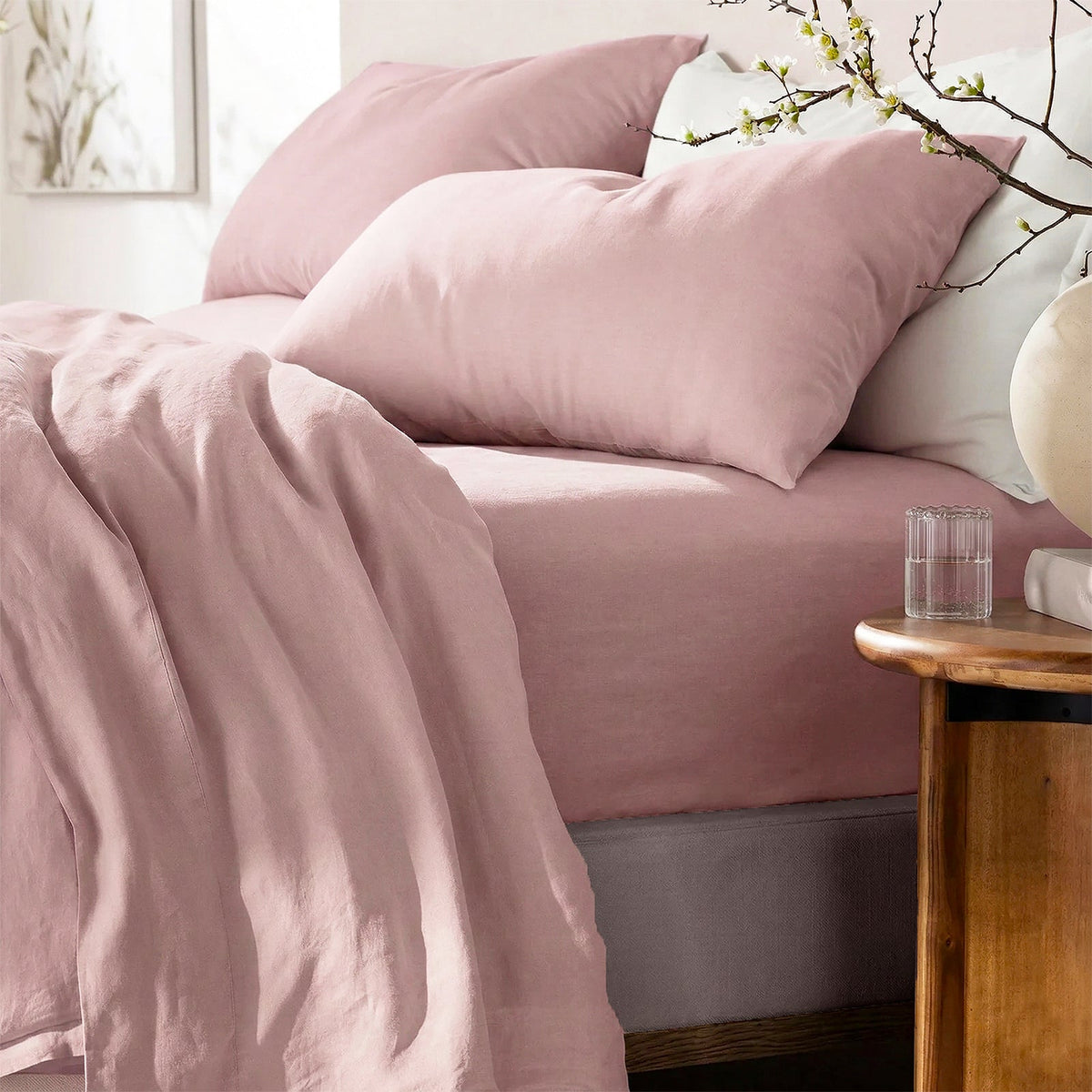 Renee Taylor Washed Linen Cotton Bed Sheet Set - Woodrose