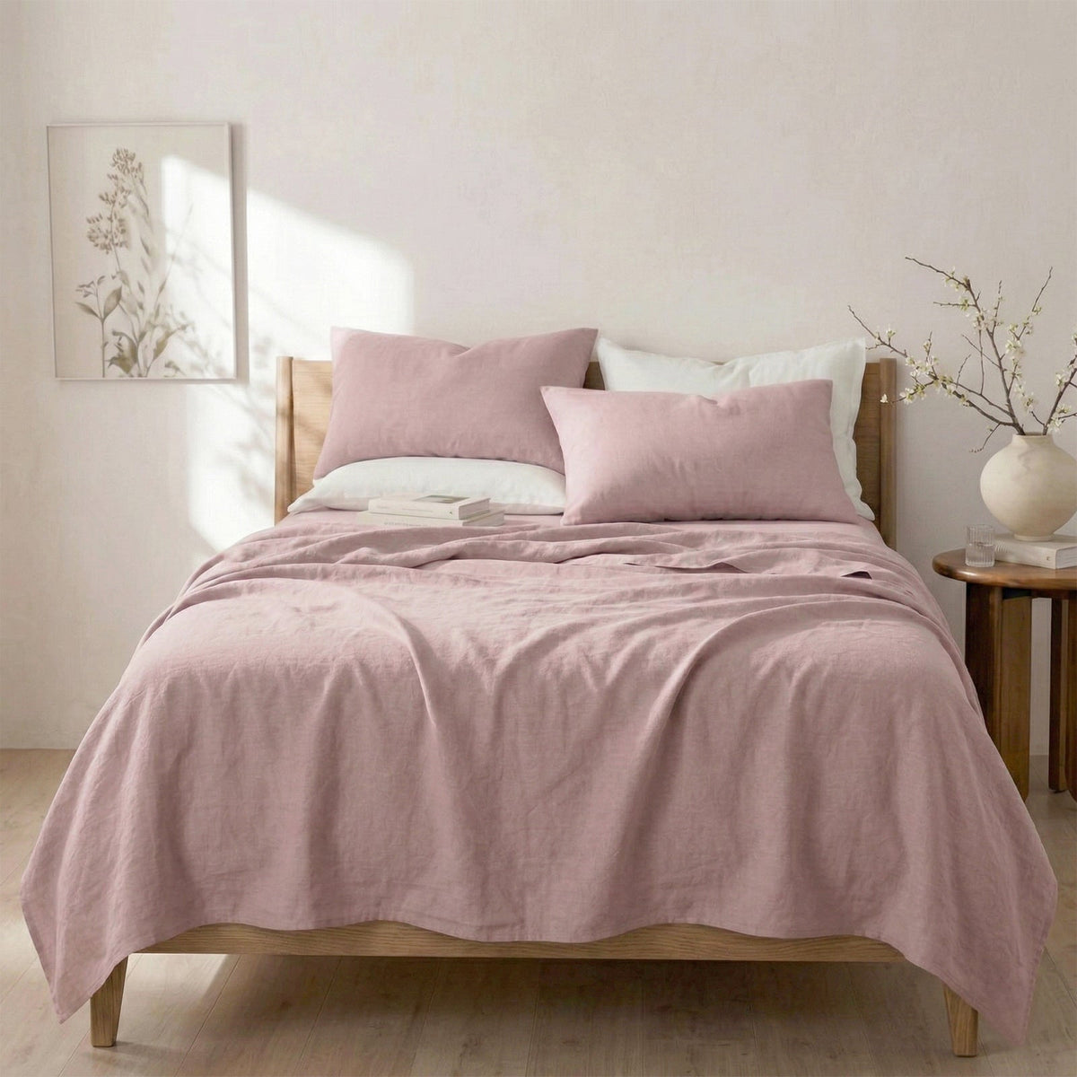 Renee Taylor Washed Linen Cotton Bed Sheet Set - Woodrose