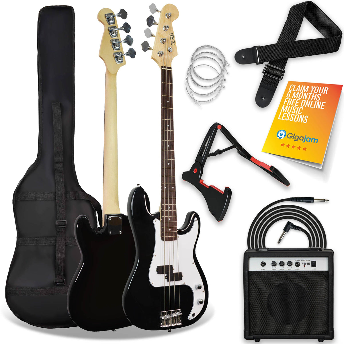 3rd Avenue Electric Bass Guitar Pack w/ 15W Amp - Black