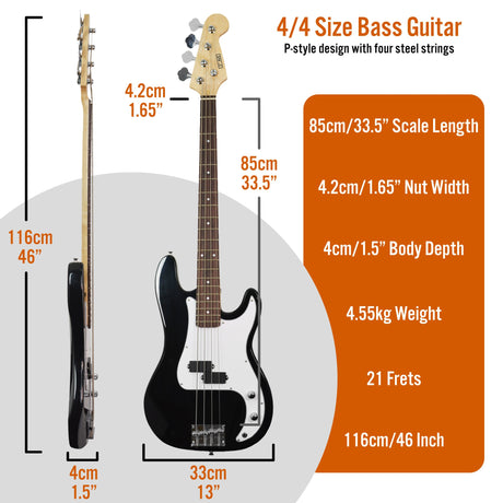 3rd Avenue Electric Bass Guitar Pack w/ 15W Amp - Black