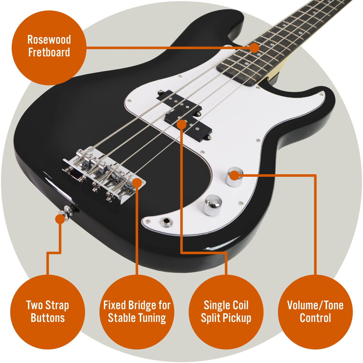 3rd Avenue Electric Bass Guitar Pack w/ 15W Amp - Black