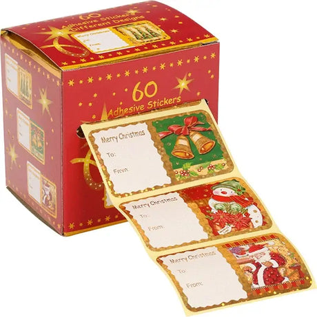 60x Christmas Gift Tag Stickers Bag Seal Xmas Adhesive Assorted Designs 6x3cm Roll Box