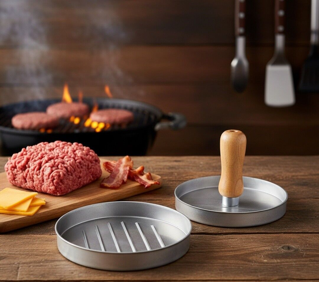 Single Hamburger Burger Press Mold BBQ - Grey with Wooden Handle