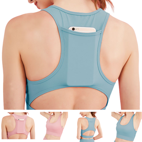 Womens Sports Bra - Grey/Blue (Sleeveless Crop Top for Yoga/Gym/Running)
