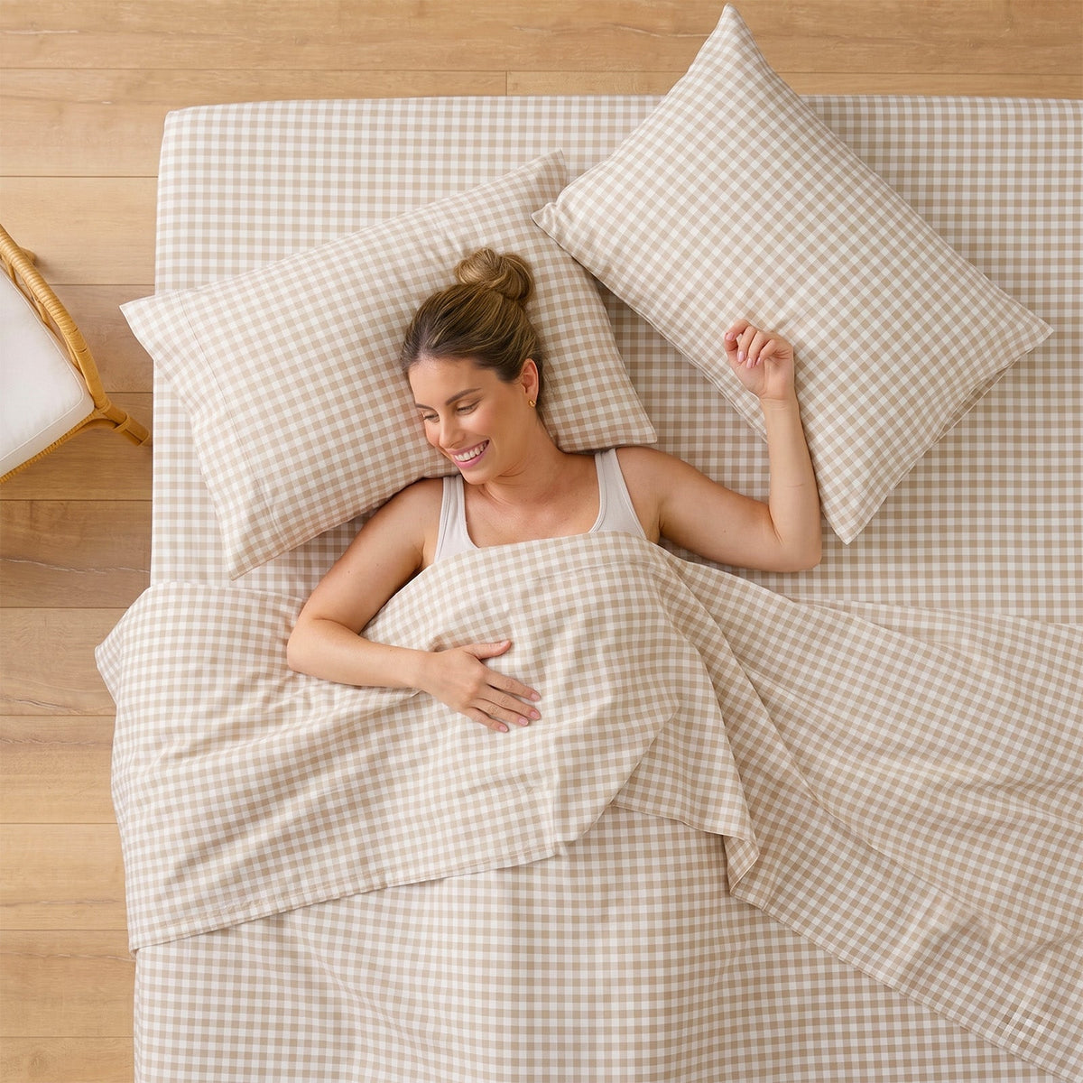 Renee Taylor Brooke 300TC Organic Cotton Sheet Set - Beige Gingham (GOTS Certified)