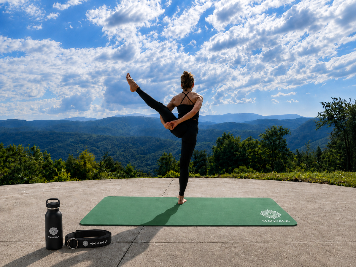 Mandala Premium Yoga Mat Set - Jade Green (5mm Vegan Suede Mat, Adjustable Strap & Stainless Steel Water Bottle)