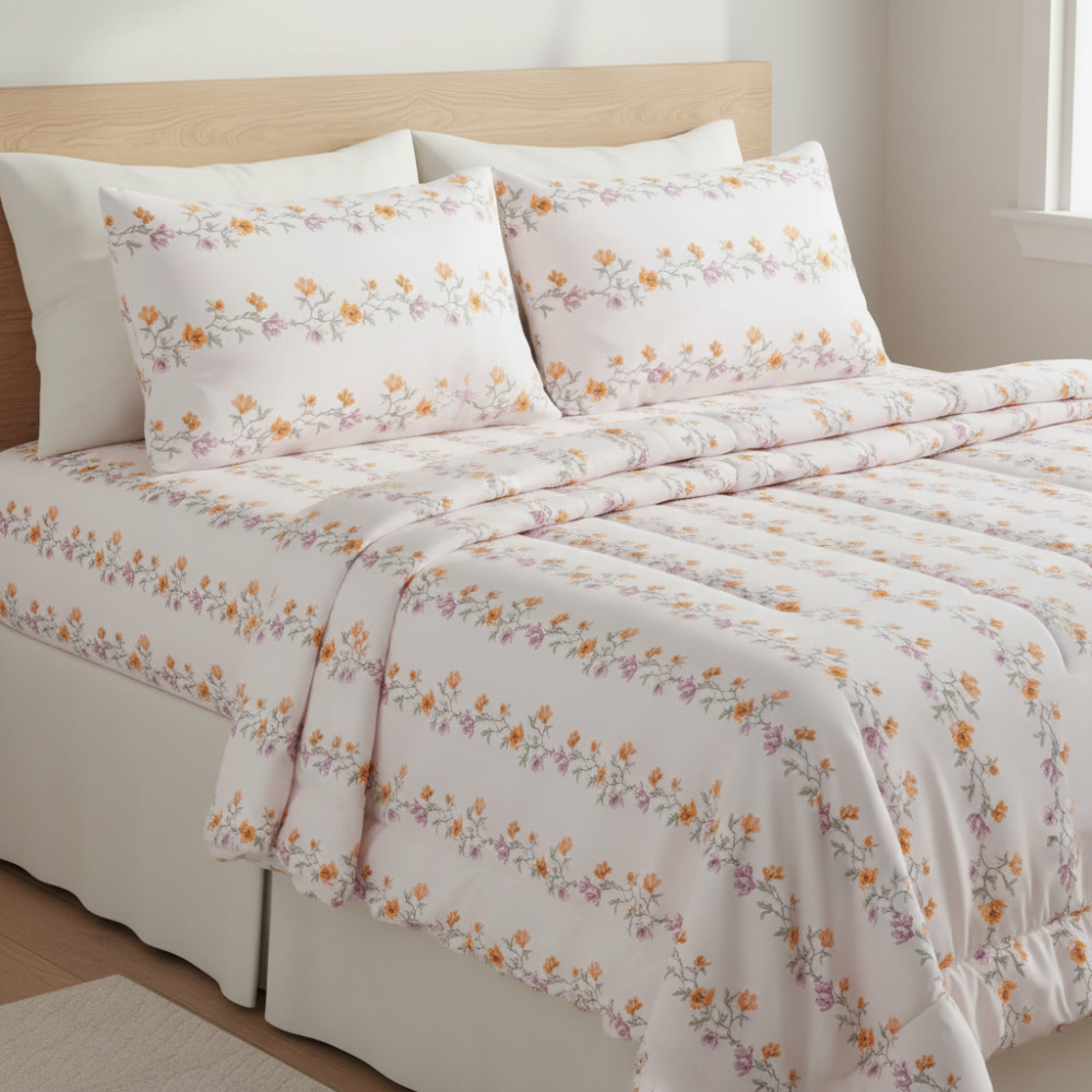 Fleur Line Queen Comforter Set w/ Fitted Sheet & 4 Pillow Covers - Orange/White (6 Piece Set)