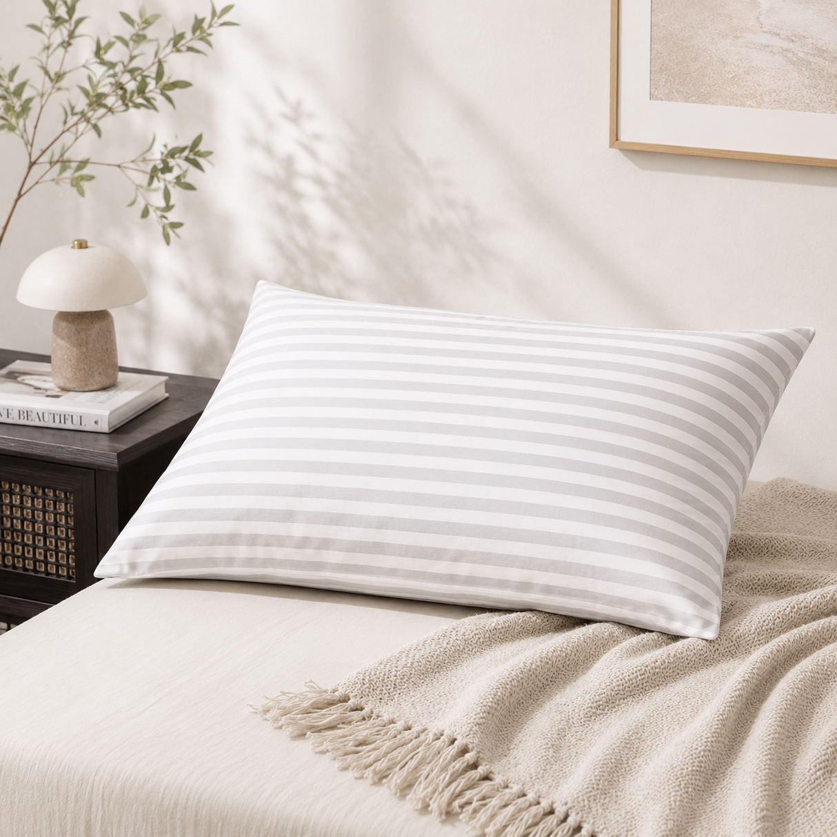 1x Standard Pure Cotton Striped Pillow - White