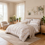 Fleur Line Queen Comforter Set w/ Fitted Sheet & 4 Pillow Covers - Orange/White (6 Piece Set)