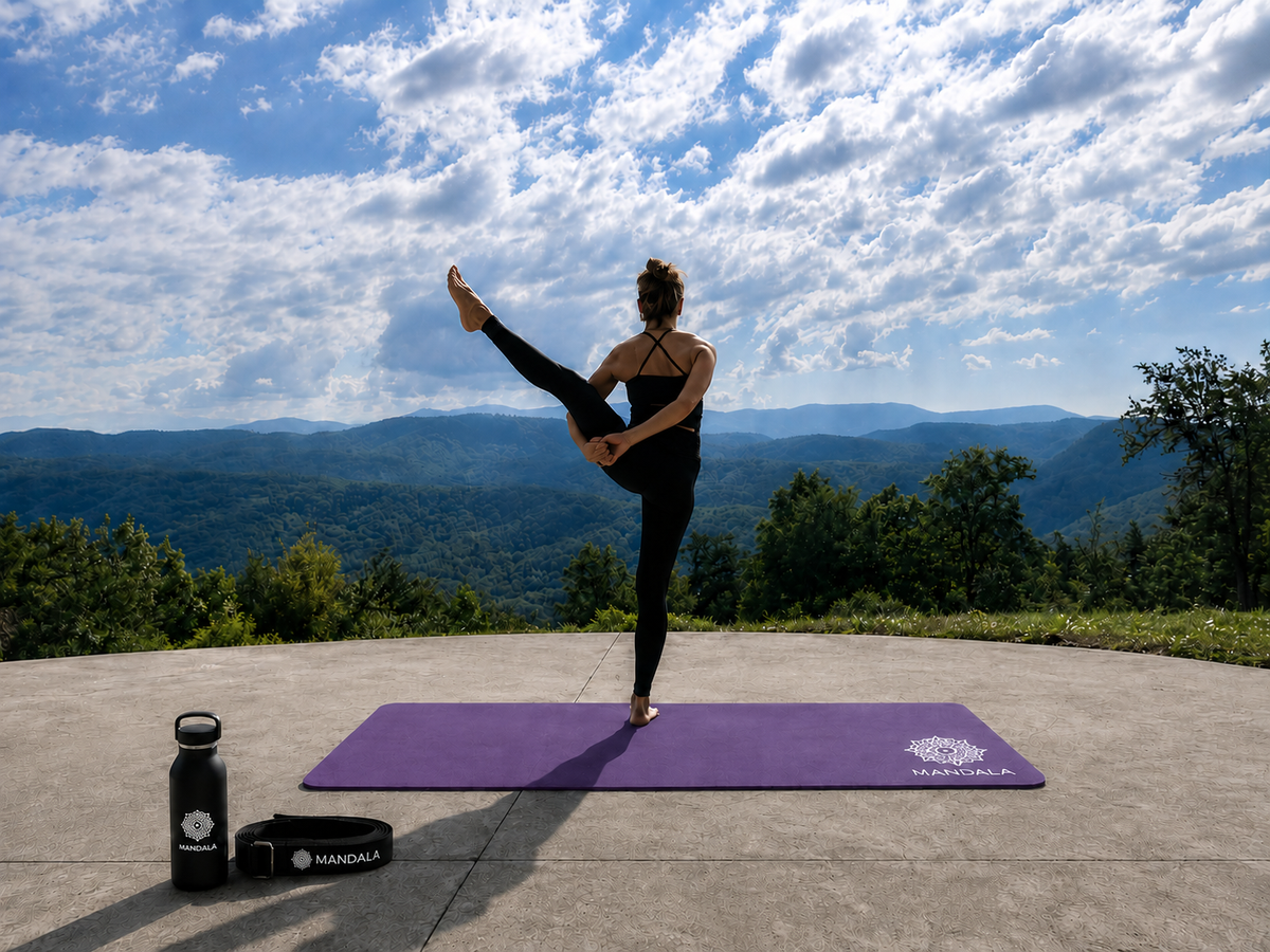 Mandala Premium Yoga Mat Set - Purple (5mm Vegan Suede Mat, Adjustable Strap & Stainless Steel Water Bottle)