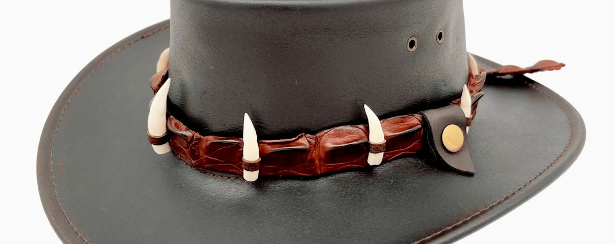 Jacaru 6569 Crocodile Leather Hatband - 9 Real Crocodile Teeth (Adjustable 75-80cm Made in Australia)