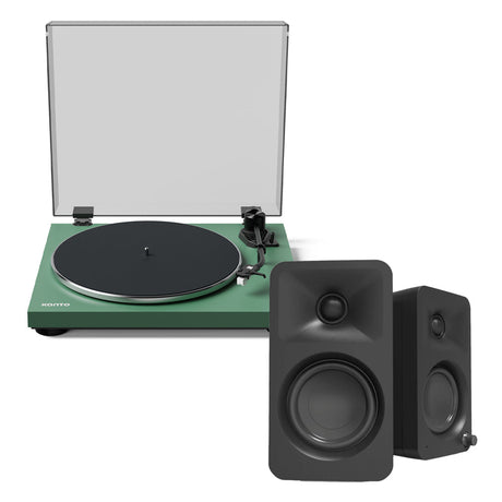 Kanto OBI3 Turntable - Matte Green with Kanto ORA 100W Powered Speakers