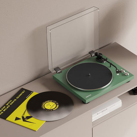 Kanto OBI3 Turntable - Matte Green with Kanto ORA 100W Powered Speakers