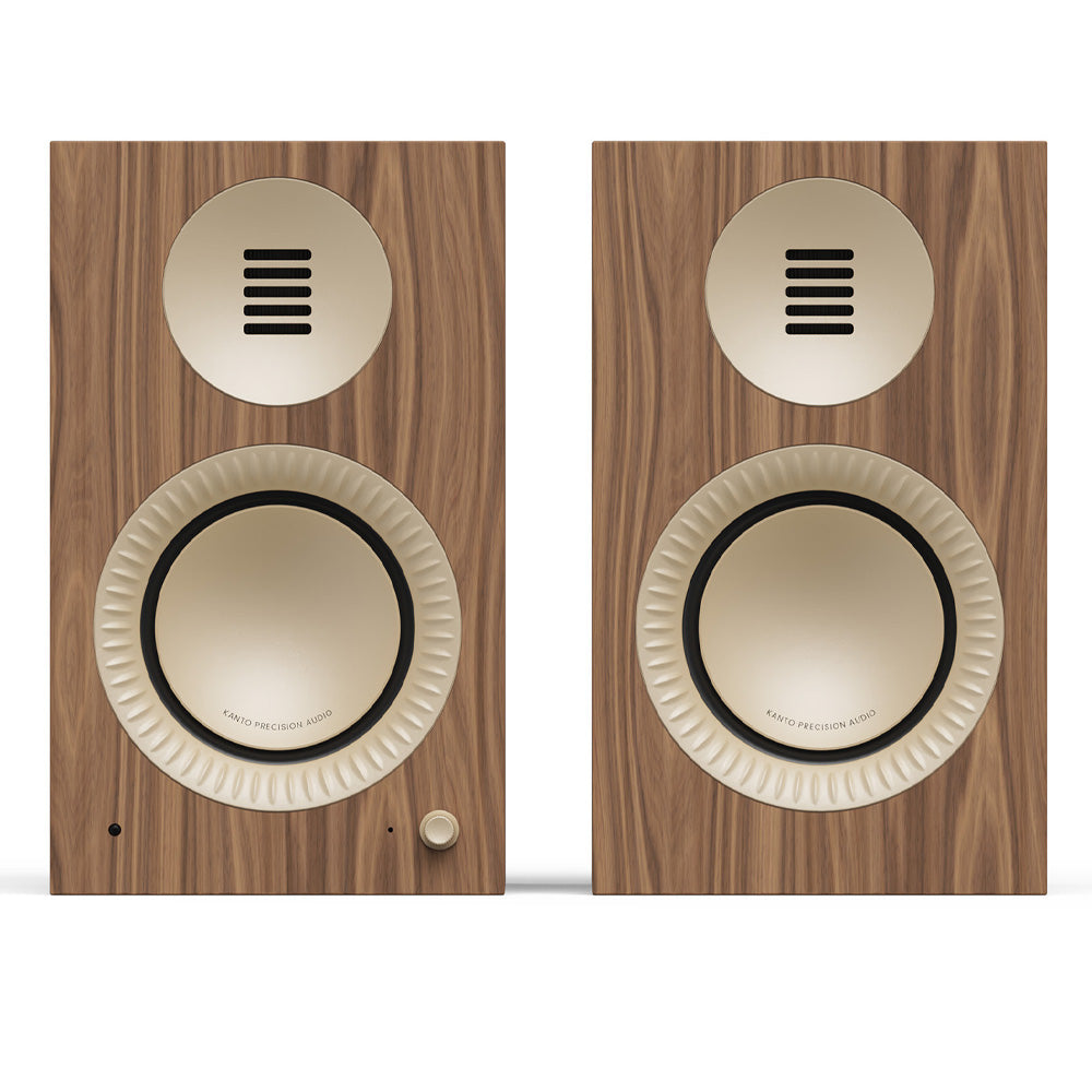 Kanto TUK (2nd Gen) 260W Powered Speaker System with Bluetooth 5.4, Dual RCA & USB-C Inputs - Matte Walnut with Rose Gold