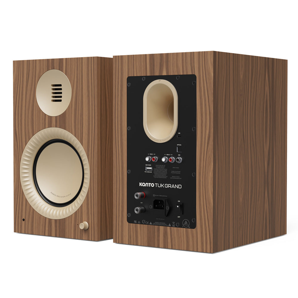 Kanto TUK (2nd Gen) Grand 320W Powered Speaker System with Bluetooth 5.4, Dual RCA & USB-C Inputs - Matte Walnut with Rose Gold