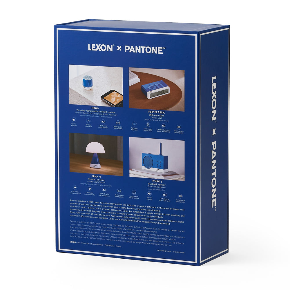 Lexon GIFT Set PANTONE - Blue - Includes Mino+ Mini Speaker, Flip Classic Clock, Mina M Lamp, Thykho 3  Speaker