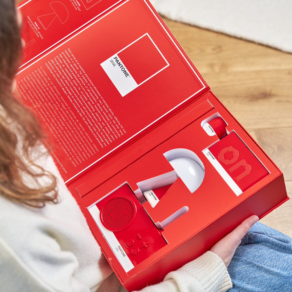 Lexon GIFT Set PANTONE - Red - Includes Mino+ Mini Speaker, Flip Classic Clock, Mina M Lamp, Thykho 3  Speaker