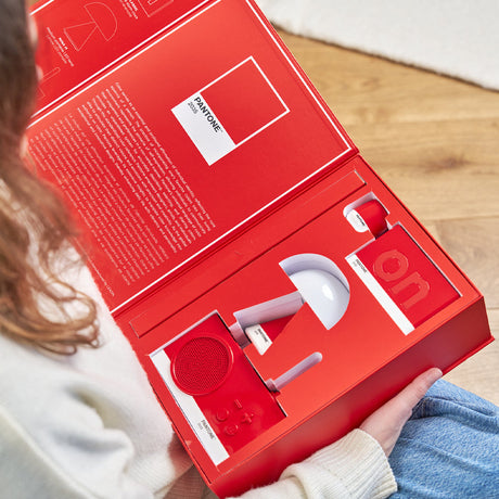 Lexon GIFT Set PANTONE - Red - Includes Mino+ Mini Speaker, Flip Classic Clock, Mina M Lamp, Thykho 3  Speaker