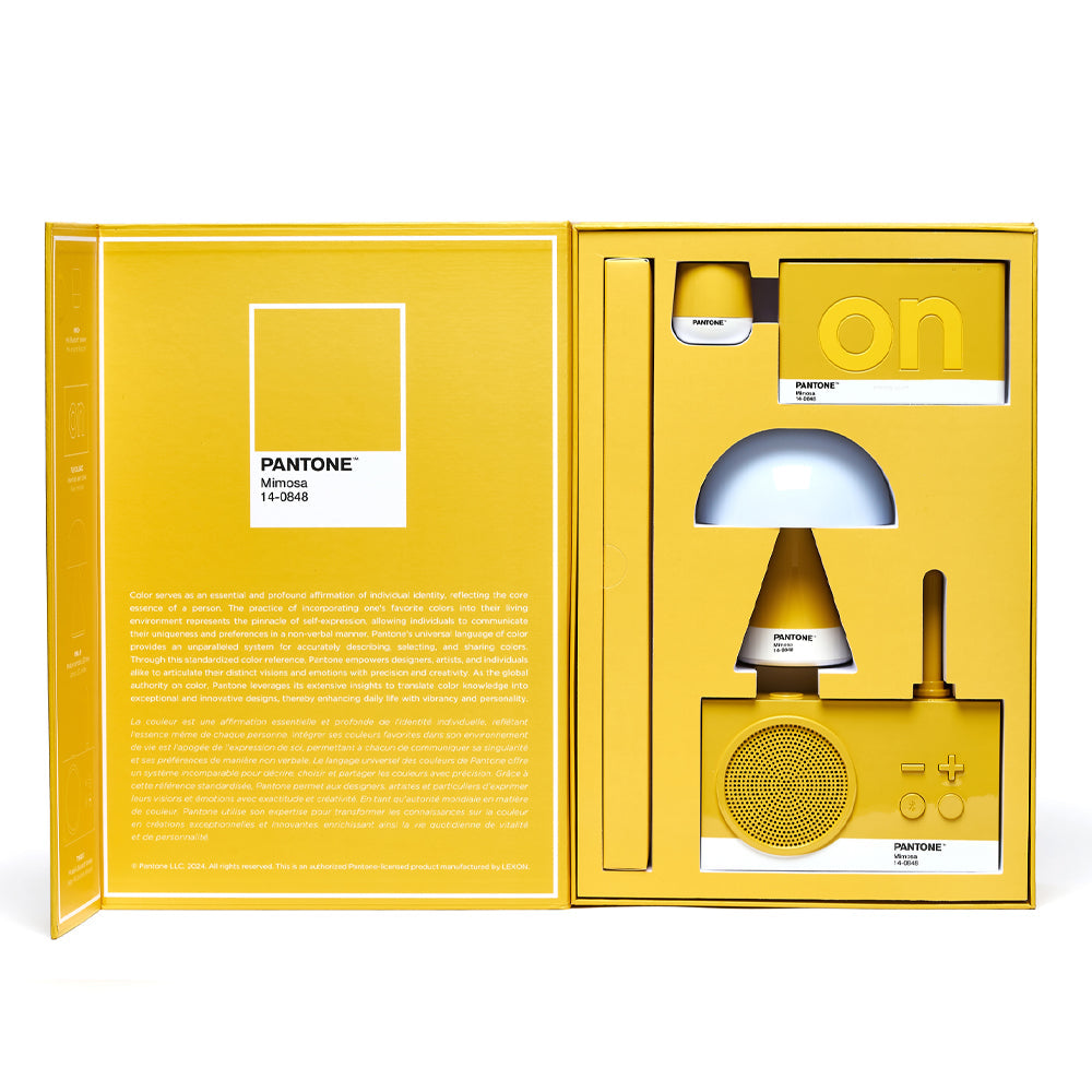 Lexon GIFT Set PANTONE - Yellow - Includes Mino+ Mini Speaker, Flip Classic Clock, Mina M Lamp, Thykho 3  Speaker