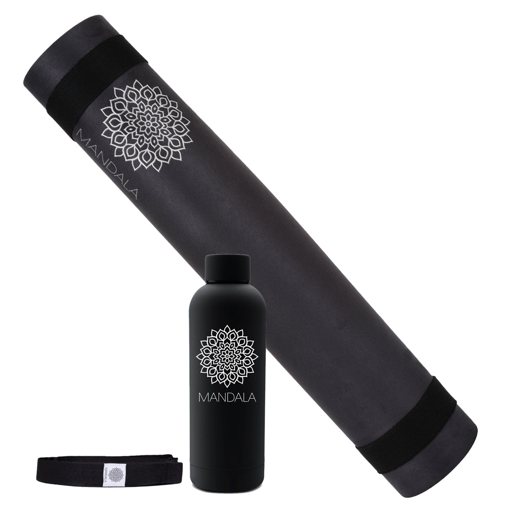 Mandala Premium Yoga Mat Set - Black (5mm Vegan Suede Mat, Adjustable Strap & Stainless Steel Water Bottle)