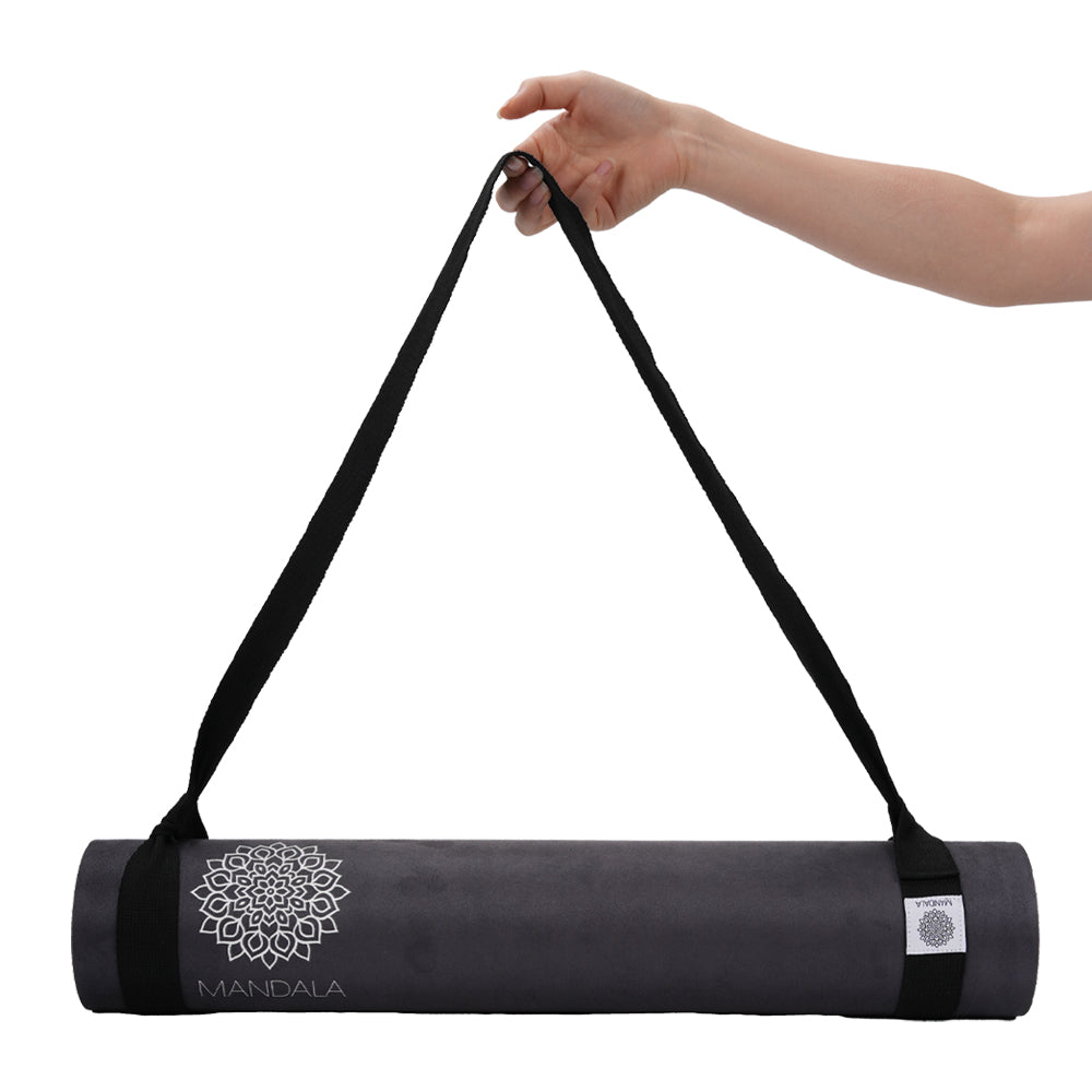 Mandala Premium Yoga Mat Set - Black (5mm Vegan Suede Mat, Adjustable Strap & Stainless Steel Water Bottle)