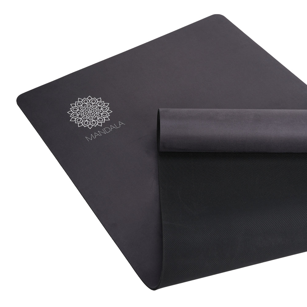Mandala Premium Yoga Mat Set - Black (5mm Vegan Suede Mat, Adjustable Strap & Stainless Steel Water Bottle)