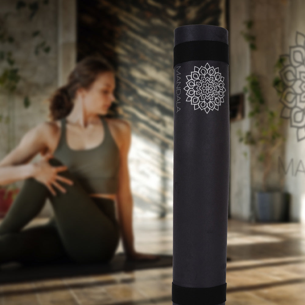 Mandala Premium Yoga Mat Set - Black (5mm Vegan Suede Mat, Adjustable Strap & Stainless Steel Water Bottle)