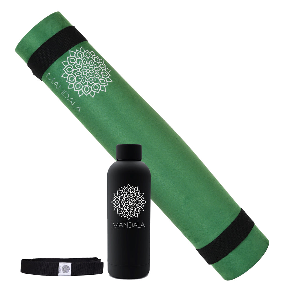 Mandala Premium Yoga Mat Set - Jade Green (5mm Vegan Suede Mat, Adjustable Strap & Stainless Steel Water Bottle)