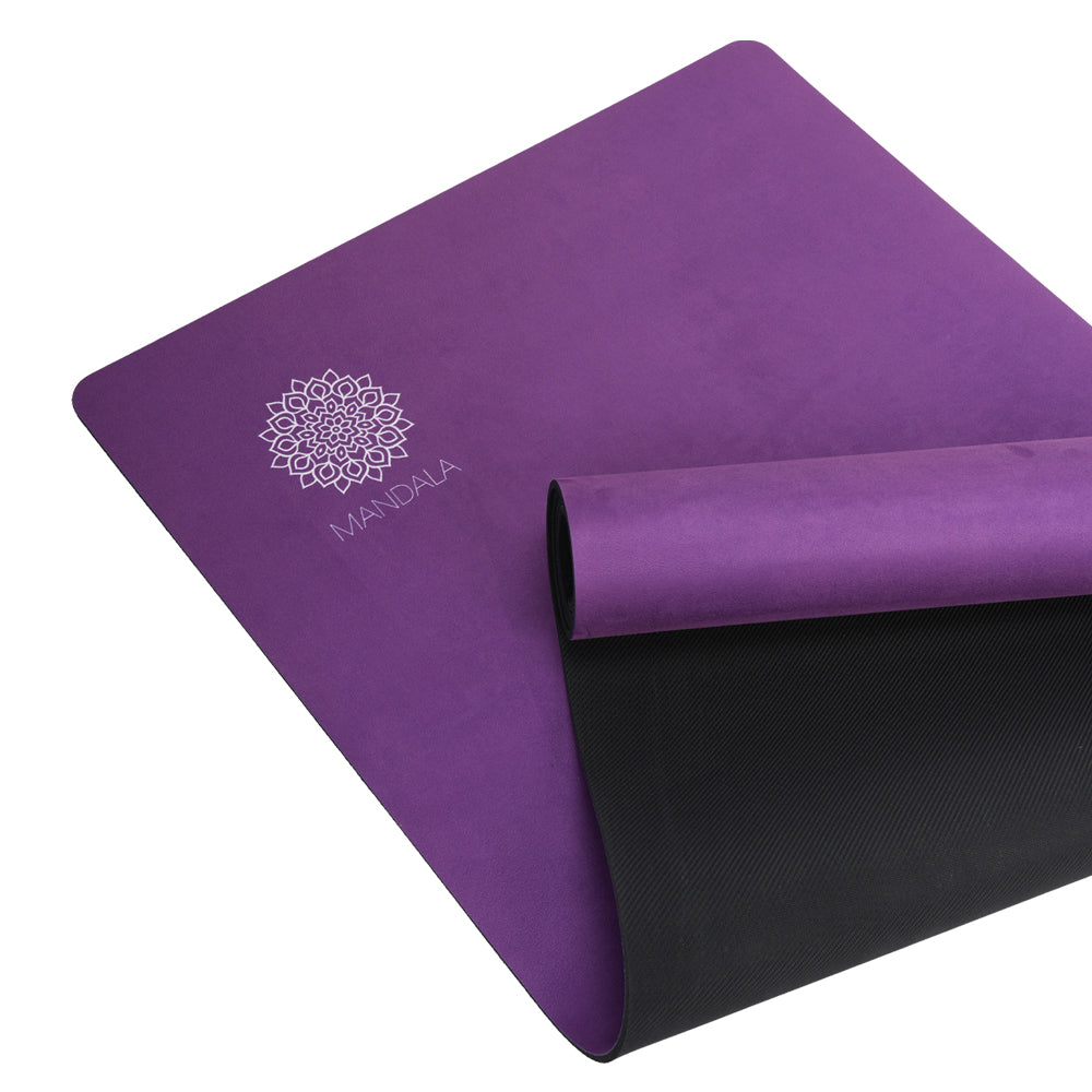 Mandala Premium Yoga Mat Set - Purple (5mm Vegan Suede Mat, Adjustable Strap & Stainless Steel Water Bottle)