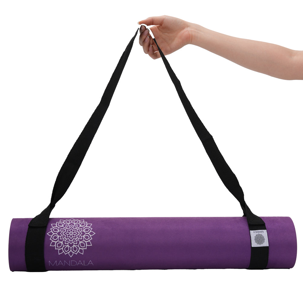 Mandala Premium Yoga Mat Set - Purple (5mm Vegan Suede Mat, Adjustable Strap & Stainless Steel Water Bottle)