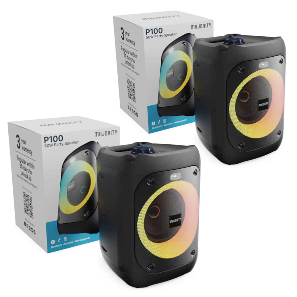 2x Majority PS100 - Bundled Party Speaker 40w Bluetooth Karaoke-DJ-Party-PA System - Black