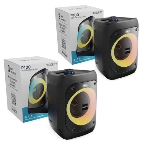 2x Majority PS100 - Bundled Party Speaker 40w Bluetooth Karaoke-DJ-Party-PA System - Black
