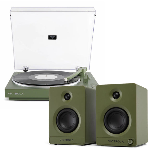 Victrola Automatic Turntable + Tempo Bookshelf Speakers Bundle - Green