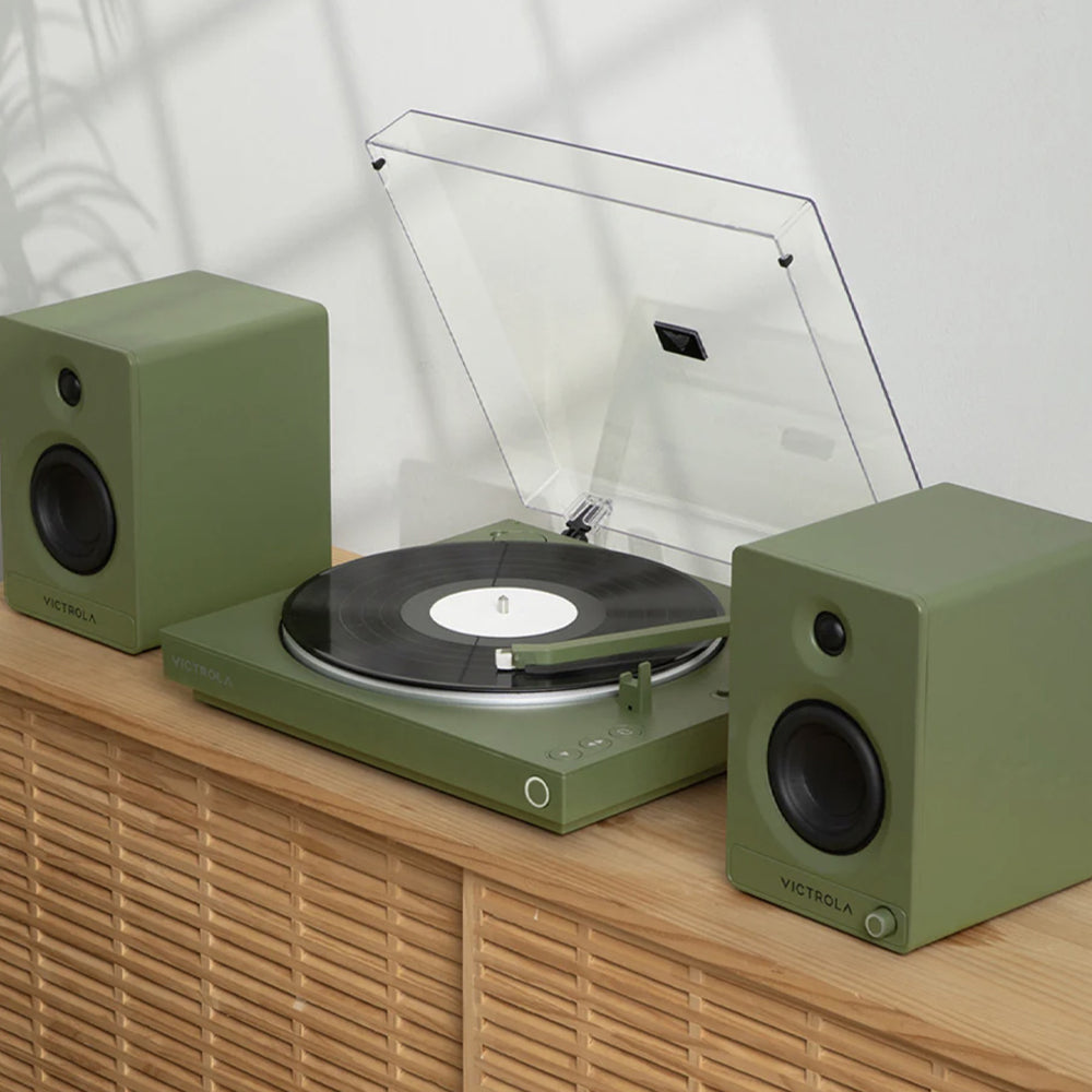 Victrola Automatic Turntable + Tempo Bookshelf Speakers Bundle - Green