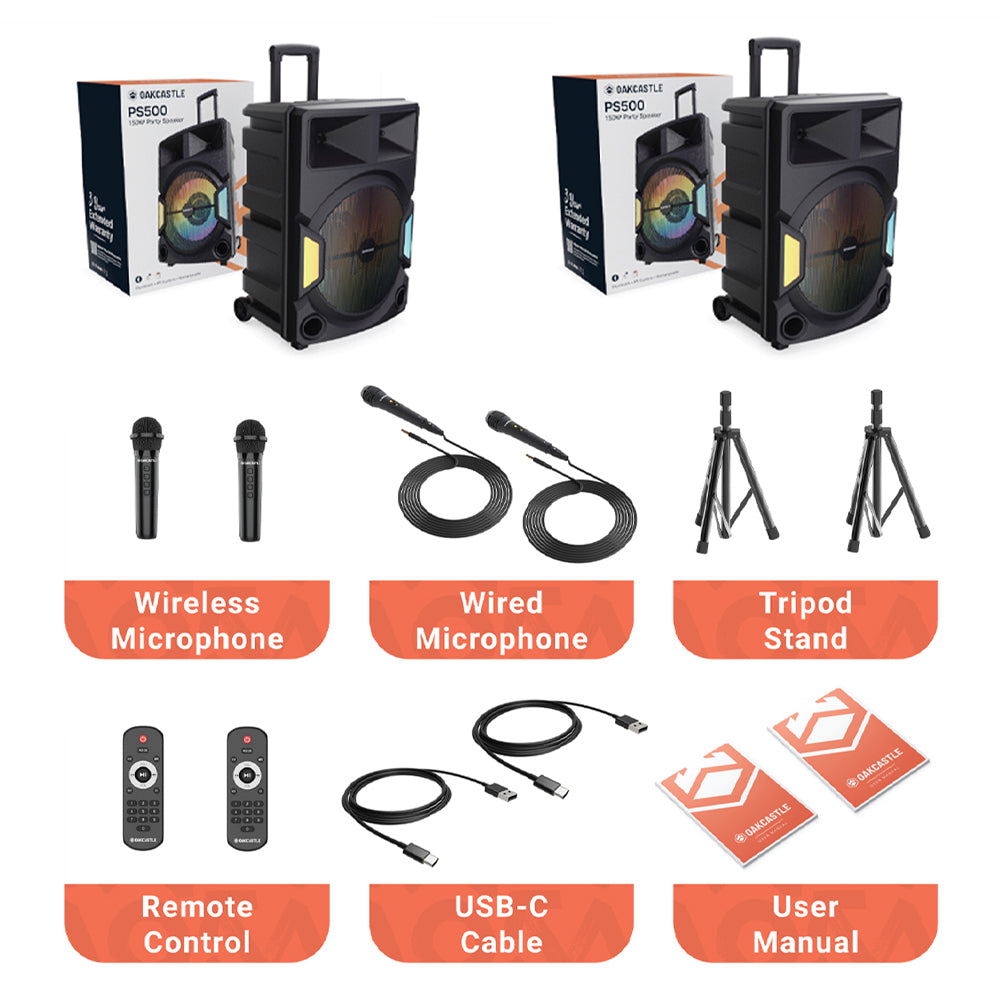 2x Majority PS500 - Bundled PA System 150w Bluetooth Karaoke-DJ-Party-PA System - Black