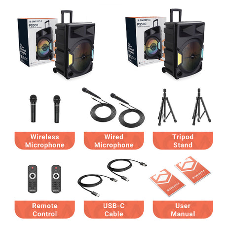 2x Majority PS500 - Bundled PA System 150w Bluetooth Karaoke-DJ-Party-PA System - Black