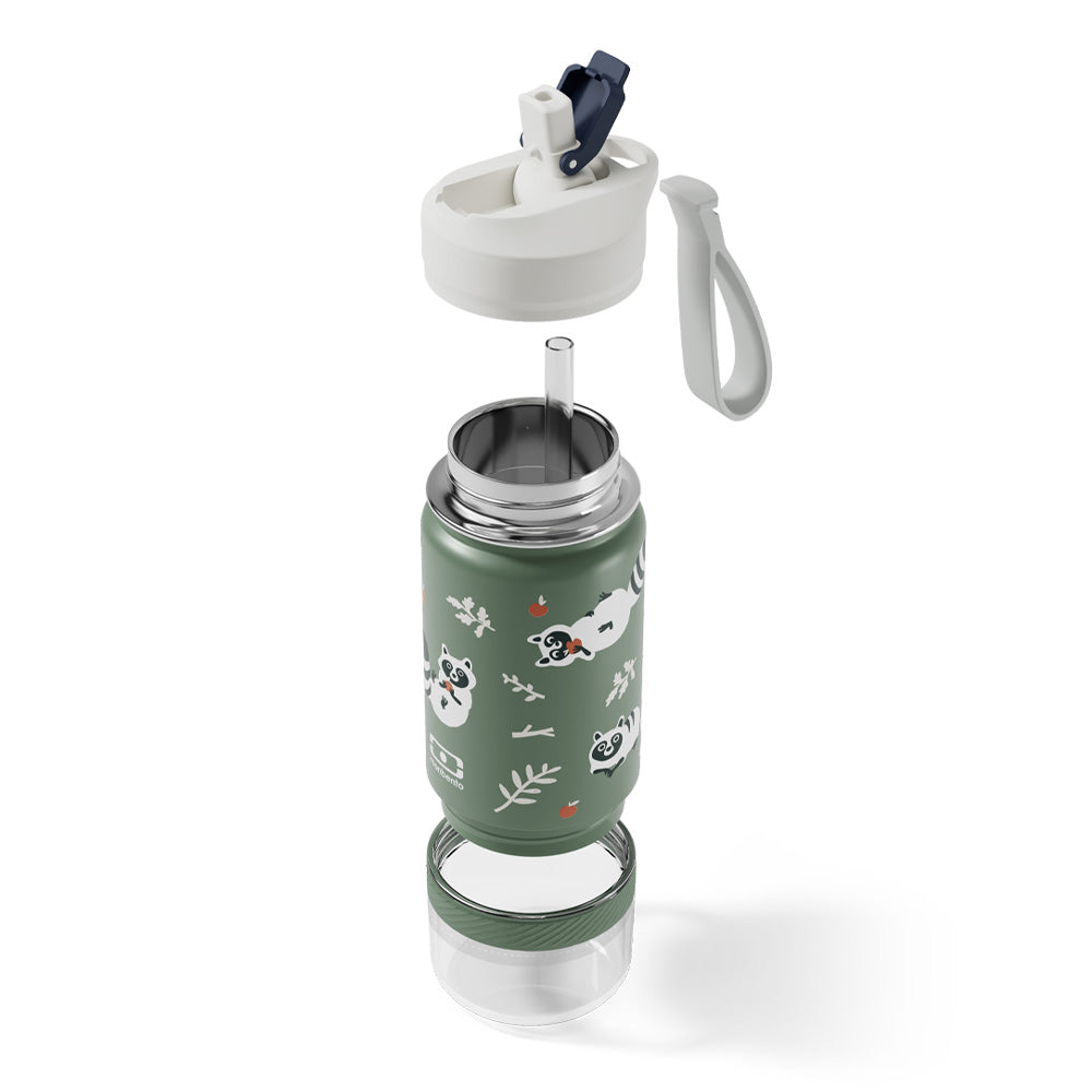 Monbento Twisty Kids Water Bottle with Snack Container - Raccoon