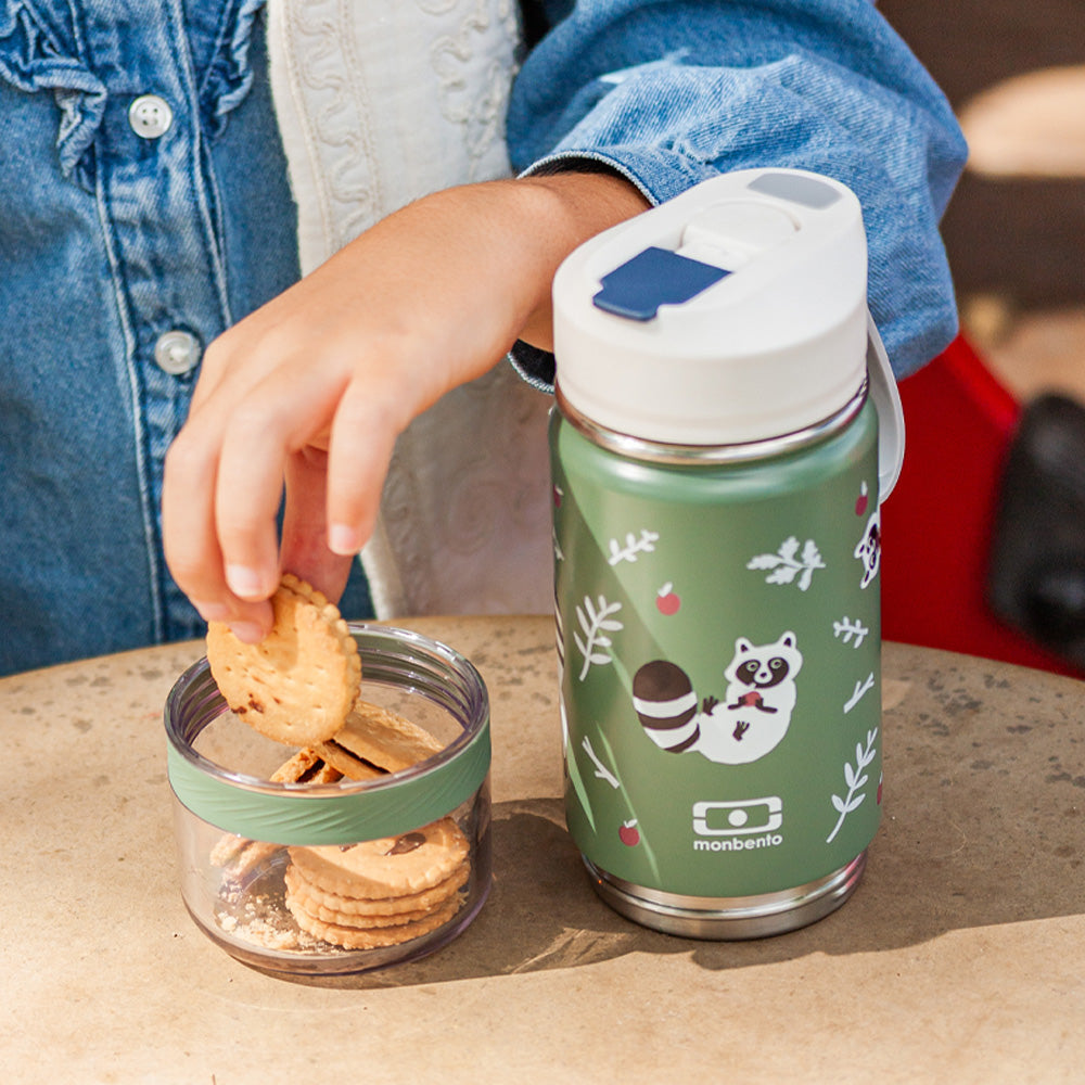 Monbento Twisty Kids Water Bottle with Snack Container - Raccoon