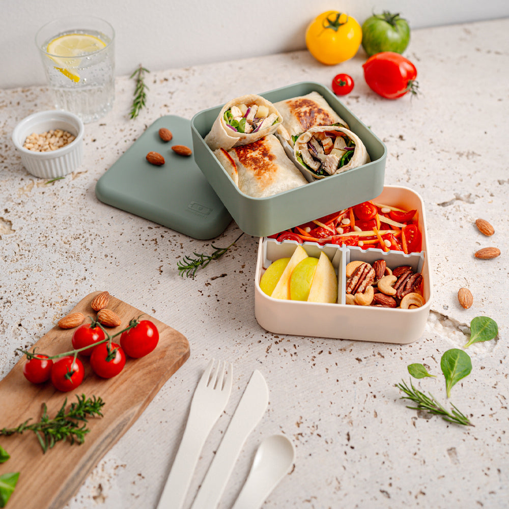 Monbento Flex 2 Compartment Lunch Box with Cutlery - Green Natural