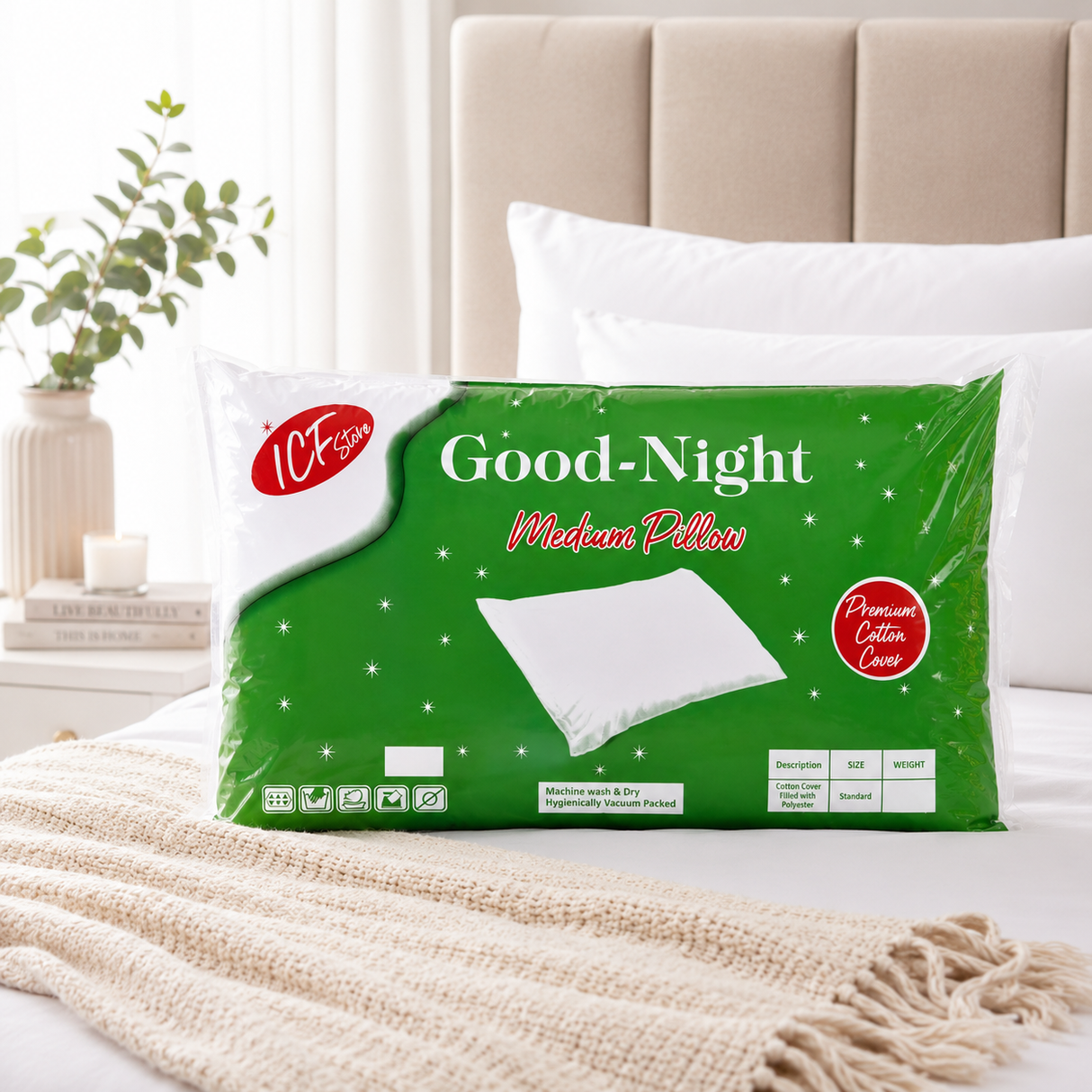 2x Standard Pure Cotton Plain Pillow - White (Twin Pack)