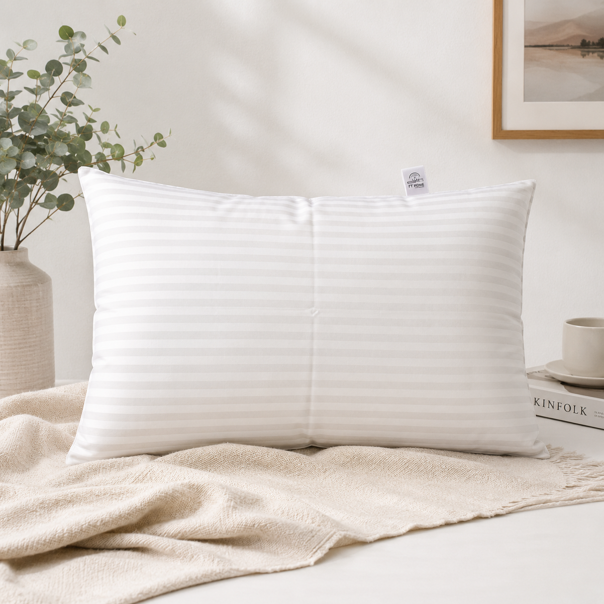 2x Standard Pure Cotton Striped Pillow - White (Twin Pack)