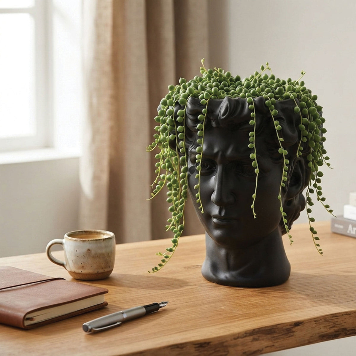 Urban Attitude David Head Resin Planter - Matte Black (Sculptural Plant Pot)