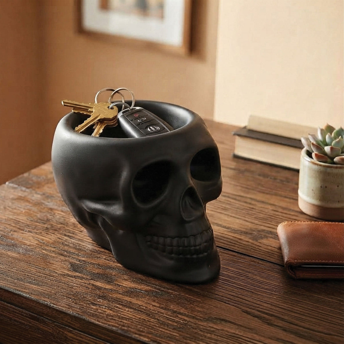 Urban Attitude Skull Resin Planter - Matte Black (Sculptural Plant Pot)